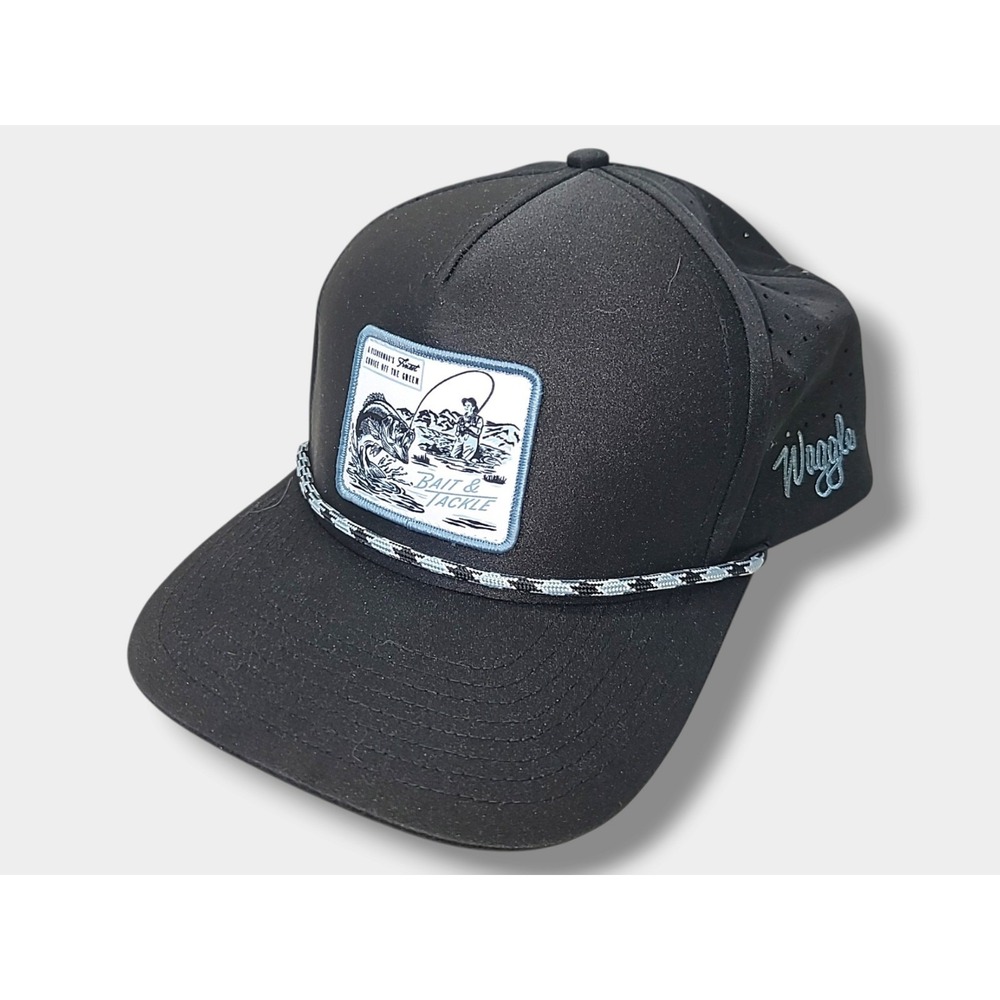 Waggle Bait Black Snapback Fishing Patch Cap Adjustable One Size Unisex Adults